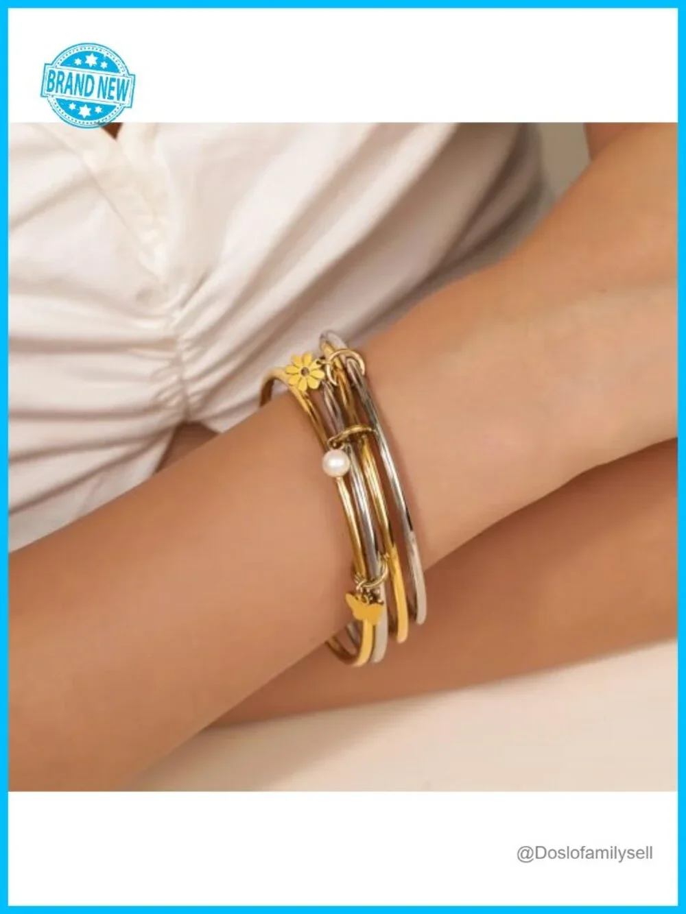18K Gold Plated Bangle Set, 3MM Stainless Steel Wire, Butterfly Daisy Pearl
